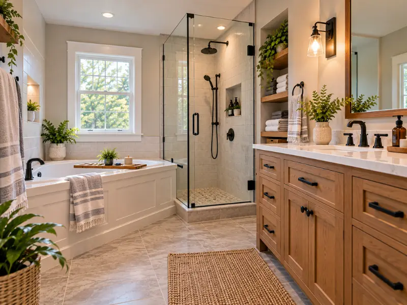 Remodeled bathroom with a glass-enclosed walk-in shower, soaking tub, wood double vanity with black hardware, and quartz countertop. Remodeled bathroom with a glass-enclosed walk-in shower, soaking tub, wood double vanity with black hardware, and quartz countertop.