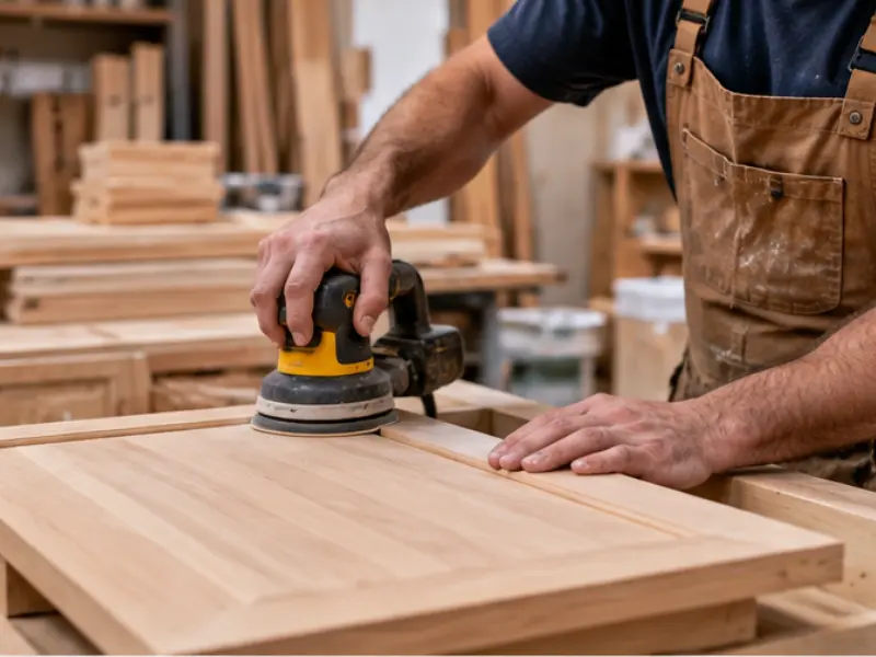 Woodworker sanding an unfinished wood cabinet door with an orbital sander in a custom cabinetry shop.