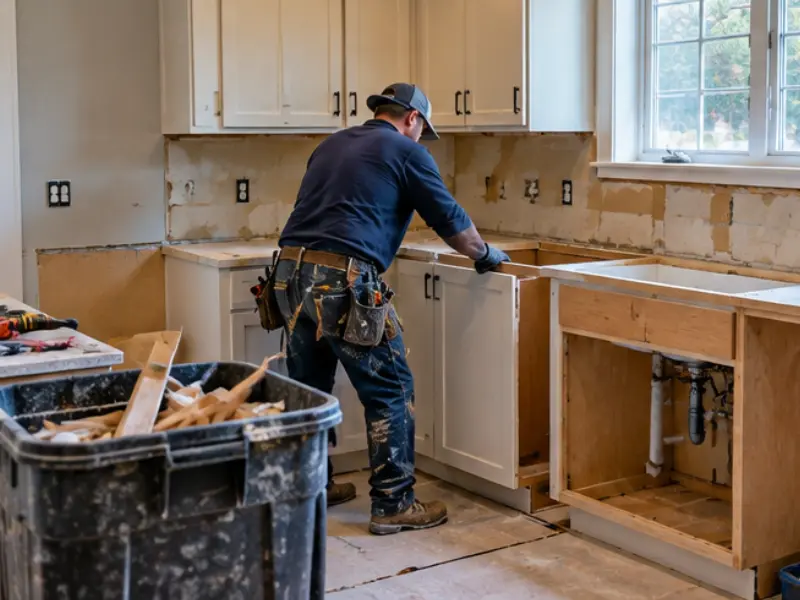 Contractor installing new base cabinets during a kitchen remodel, with the sink cabinet frame exposed and debris bin in the foreground.