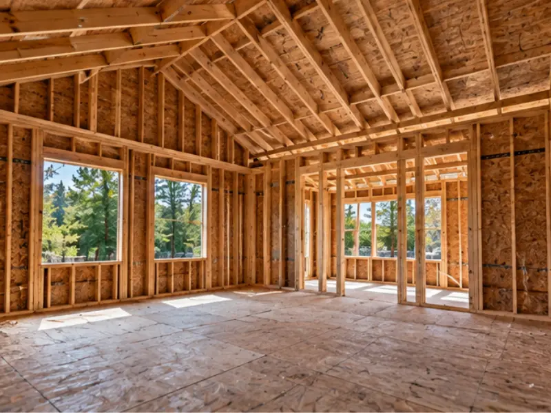 Interior view of a framed room with wall studs, OSB sheathing, roof rafters, and window openings over a plywood subfloor.