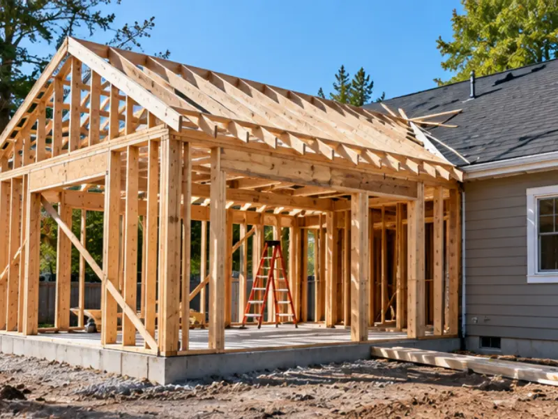 Framing carpentry on a home addition, with wall studs, roof rafters, and a ladder set on a concrete foundation beside the existing house.