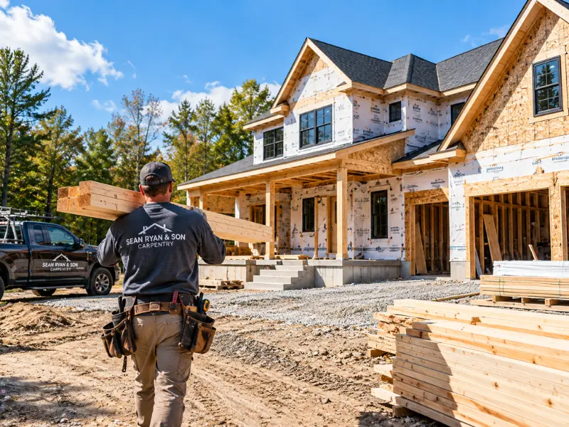 Sean Ryan & Son Carpentry carpenter carrying lumber across a job site toward a custom home under construction.