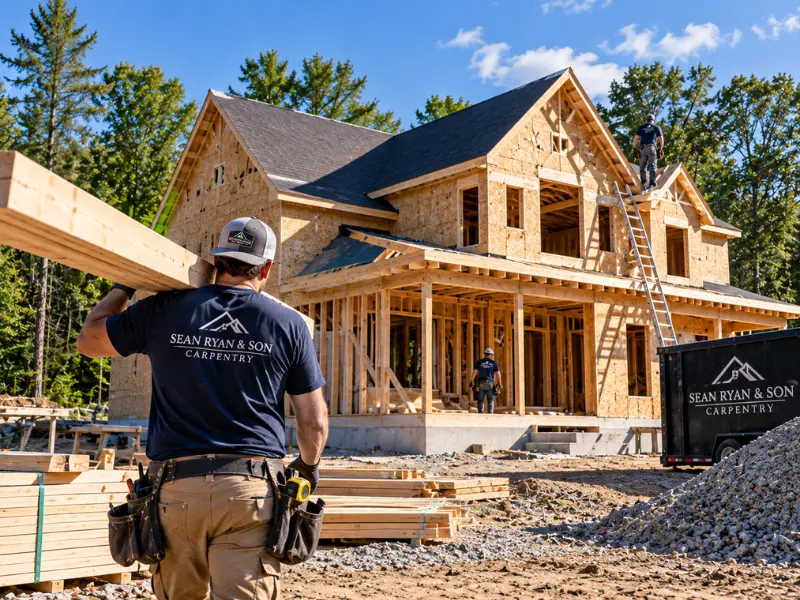 Sean Ryan & Son Carpentry team framing a custom home, with a carpenter hauling lumber and crew members working on the roof.