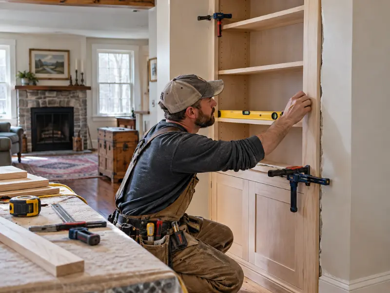 Carpenter checking a custom built-in bookcase with a level during on-site cabinetry installation. Carpenter checking a custom built-in bookcase with a level during on-site cabinetry installation.