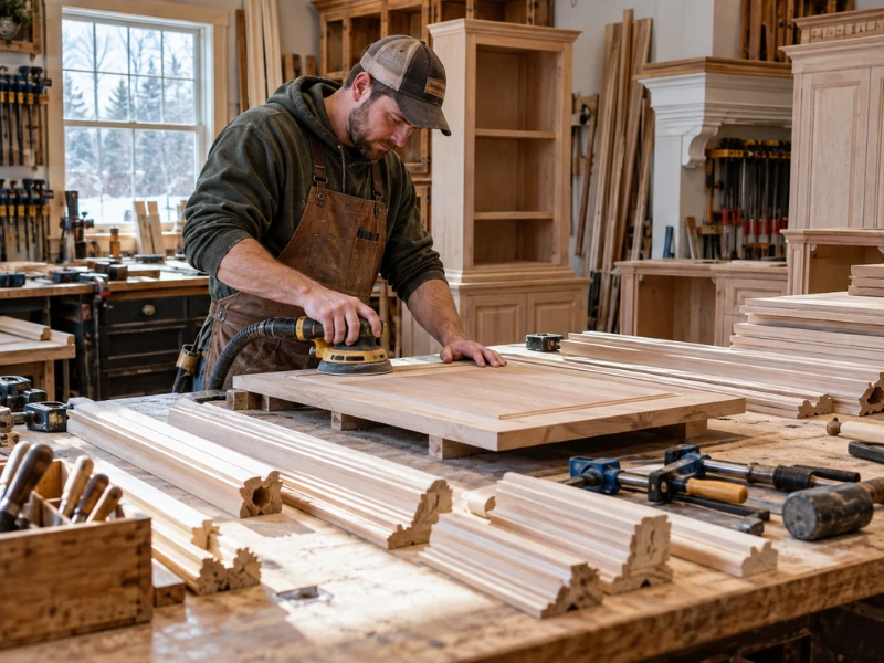 Woodworker sanding a cabinet panel in a custom carpentry workshop surrounded by crown molding and trim pieces. Woodworker sanding a cabinet panel in a custom carpentry workshop surrounded by crown molding and trim pieces.