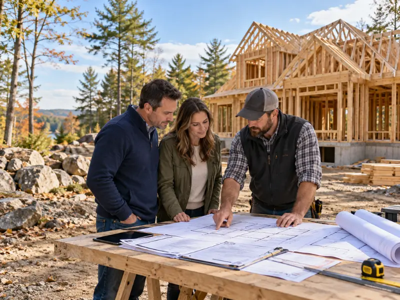 Custom home builder reviewing blueprints with a couple at a wood-framed home construction site surrounded by fall trees.