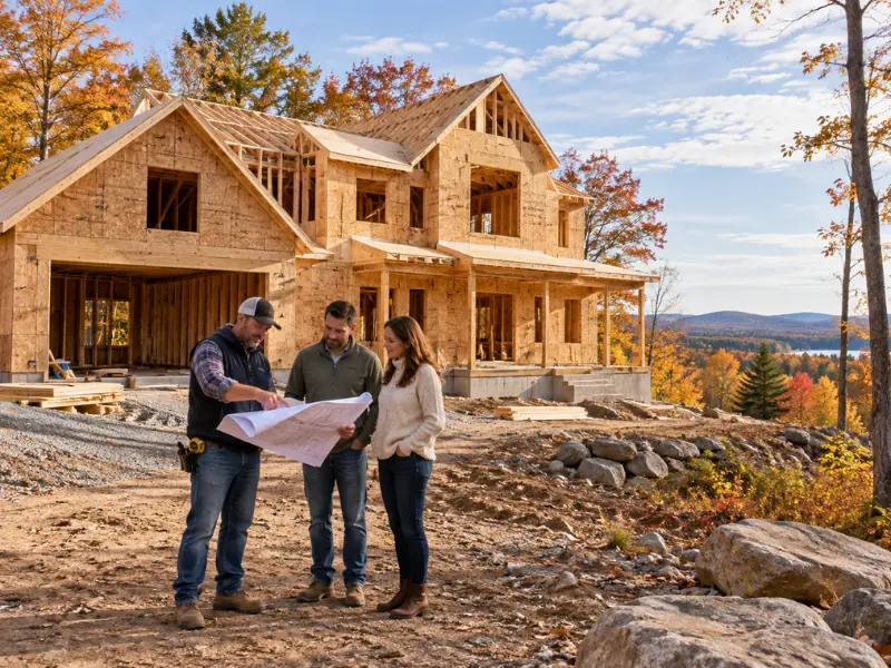 Homeowners and custom home builder discussing floor plans in front of a partially framed lakeside home in autumn.