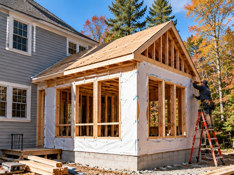 General contractor installing house wrap on a new home addition with framed windows and roof sheathing.
