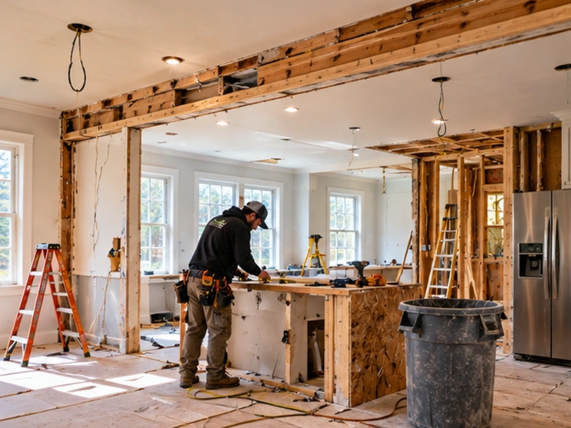 Contractor working on a kitchen island during an open-concept interior remodel with a new structural beam.