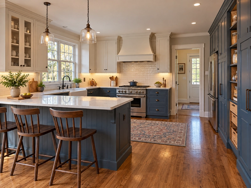 Updated kitchen with navy blue island and cabinetry, white upper cabinets, subway tile backsplash, range hood, and hardwood floors. Updated kitchen with navy blue island and cabinetry, white upper cabinets, subway tile backsplash, range hood, and hardwood floors.