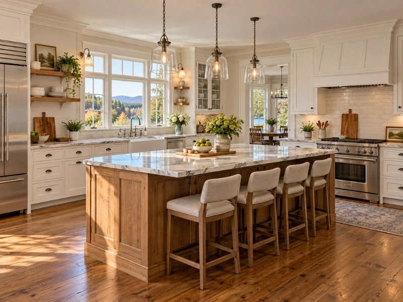 Remodeled farmhouse kitchen with white cabinets, a natural wood island with marble countertop, pendant lights, and a window overlooking a lake and mountains. Remodeled farmhouse kitchen with white cabinets, a natural wood island with marble countertop, pendant lights, and a window overlooking a lake and mountains.
