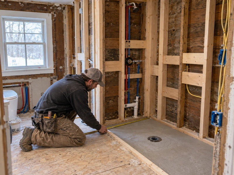 Contractor measuring a newly poured shower floor in a gutted bathroom, with fresh wood framing, blocking, red and blue PEX supply lines, a drain, and electrical wiring visible. Contractor measuring a newly poured shower floor in a gutted bathroom, with fresh wood framing, blocking, red and blue PEX supply lines, a drain, and electrical wiring visible.