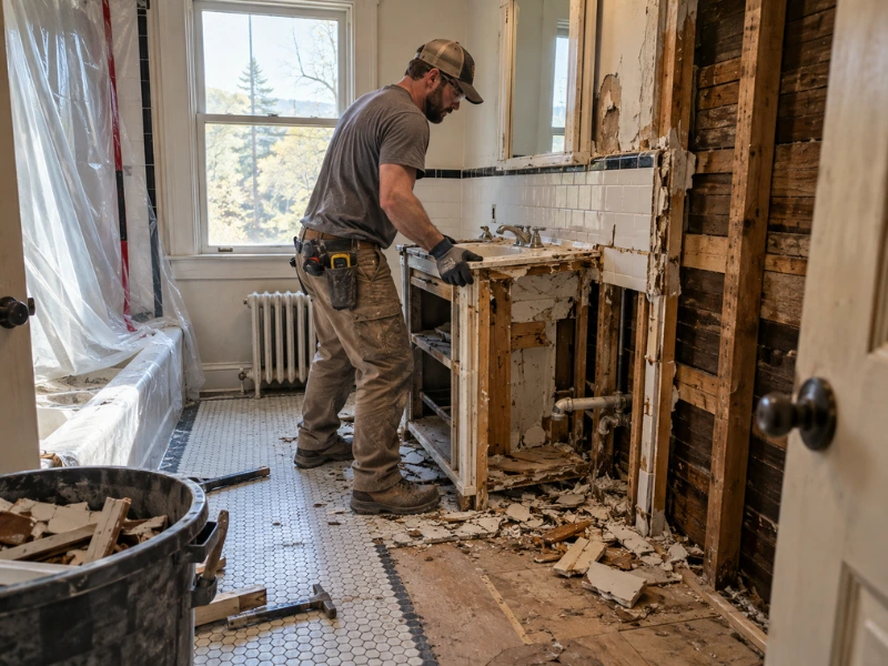 Tile installer kneeling to set large gray porcelain tiles on a shower wall, using leveling clips, with a recessed niche, waterproofing membrane, and stacked tiles nearby. Tile installer kneeling to set large gray porcelain tiles on a shower wall, using leveling clips, with a recessed niche, waterproofing membrane, and stacked tiles nearby.