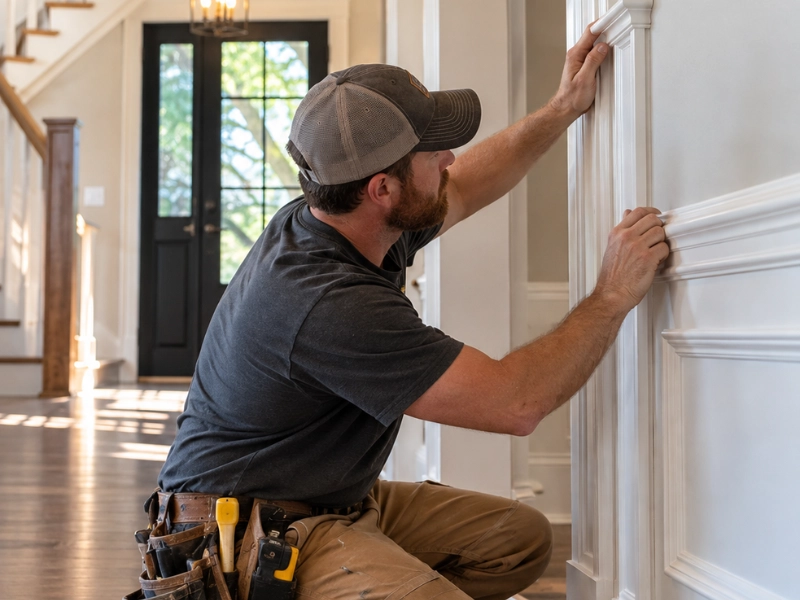 Carpenter kneeling in a home entryway while fitting white decorative trim and wainscoting on a wall.