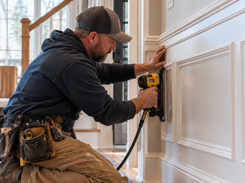Carpenter nailing white panel molding to a wall as part of a wainscoting installation in a bright home interior.