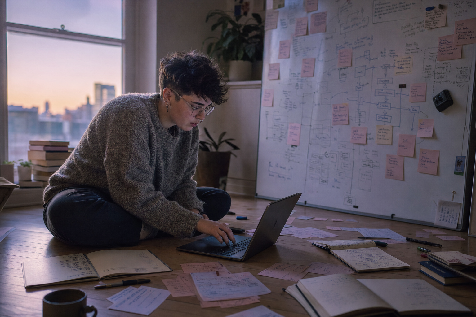 Young person translating hand-drawn workflow diagrams into a reusable digital playbook
