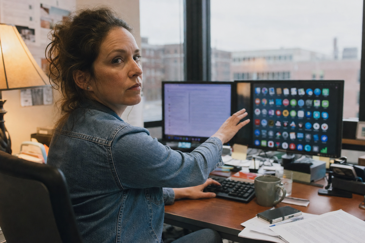 Woman pausing mid-reach toward multiple software app screens, caught between old habits and new intent