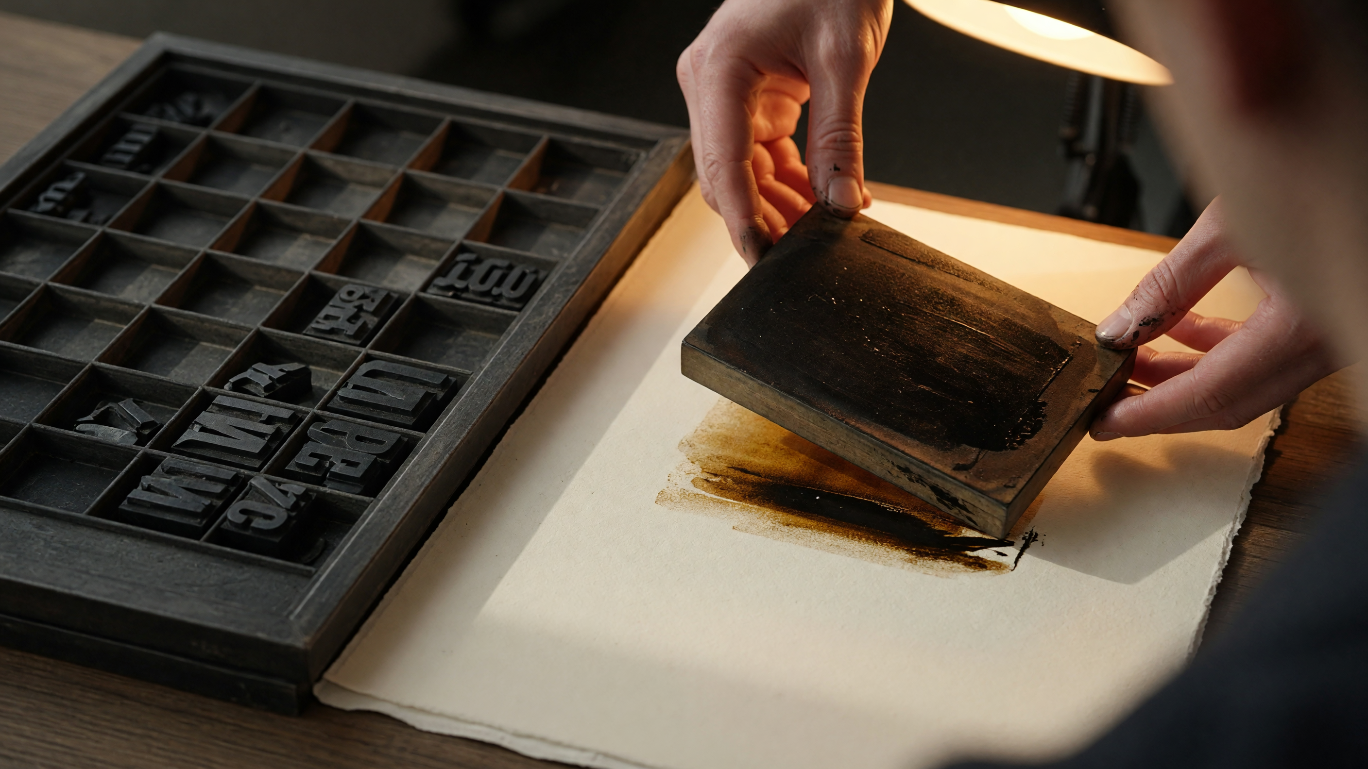 Two hands pressing an inked letterpress compositing block onto cream paper — the content factory in physical form. Two hands pressing an inked letterpress compositing block onto cream paper — the content factory in physical form.