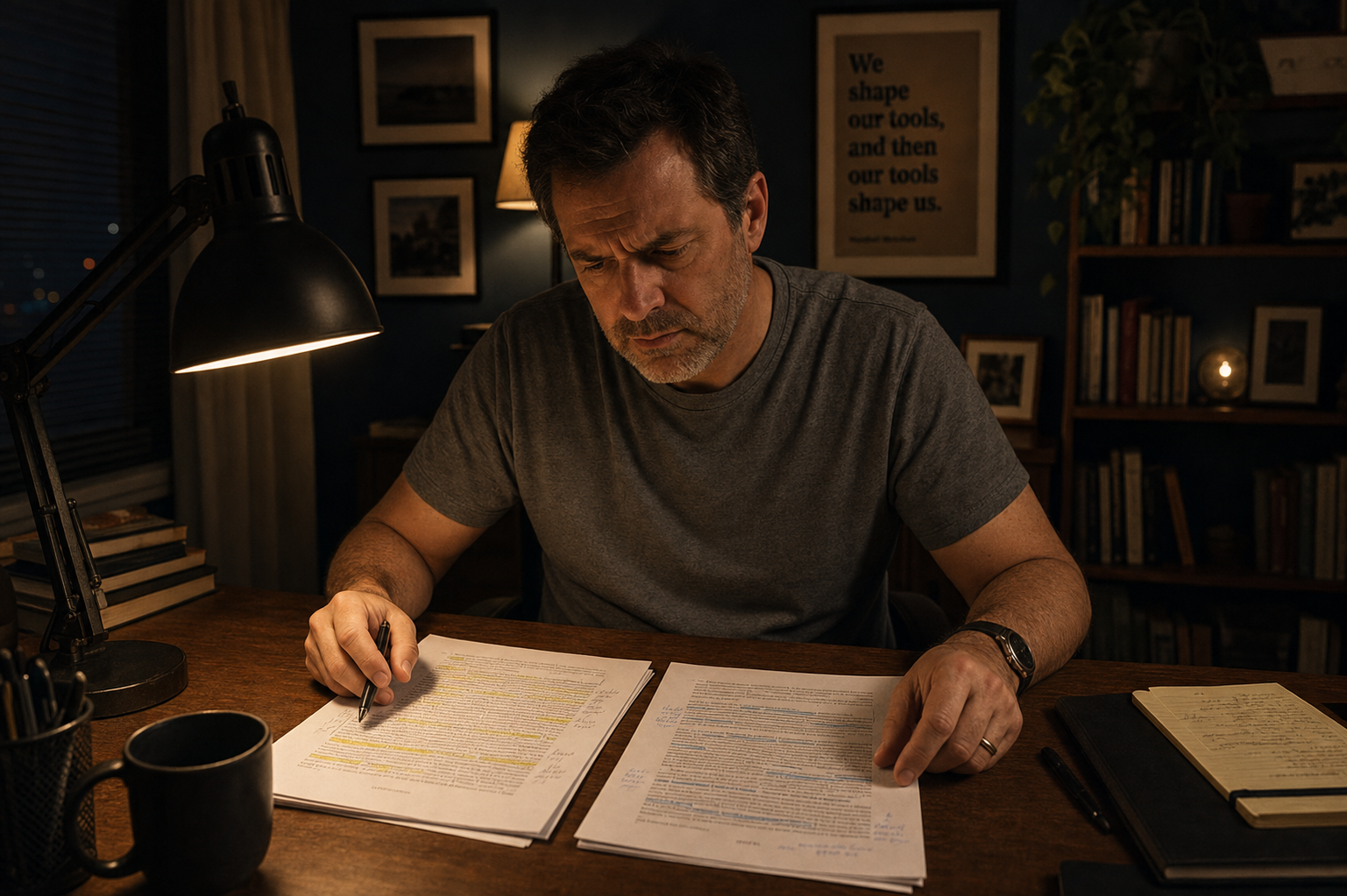 Late-night editing: two draft variants annotated by hand under a desk lamp