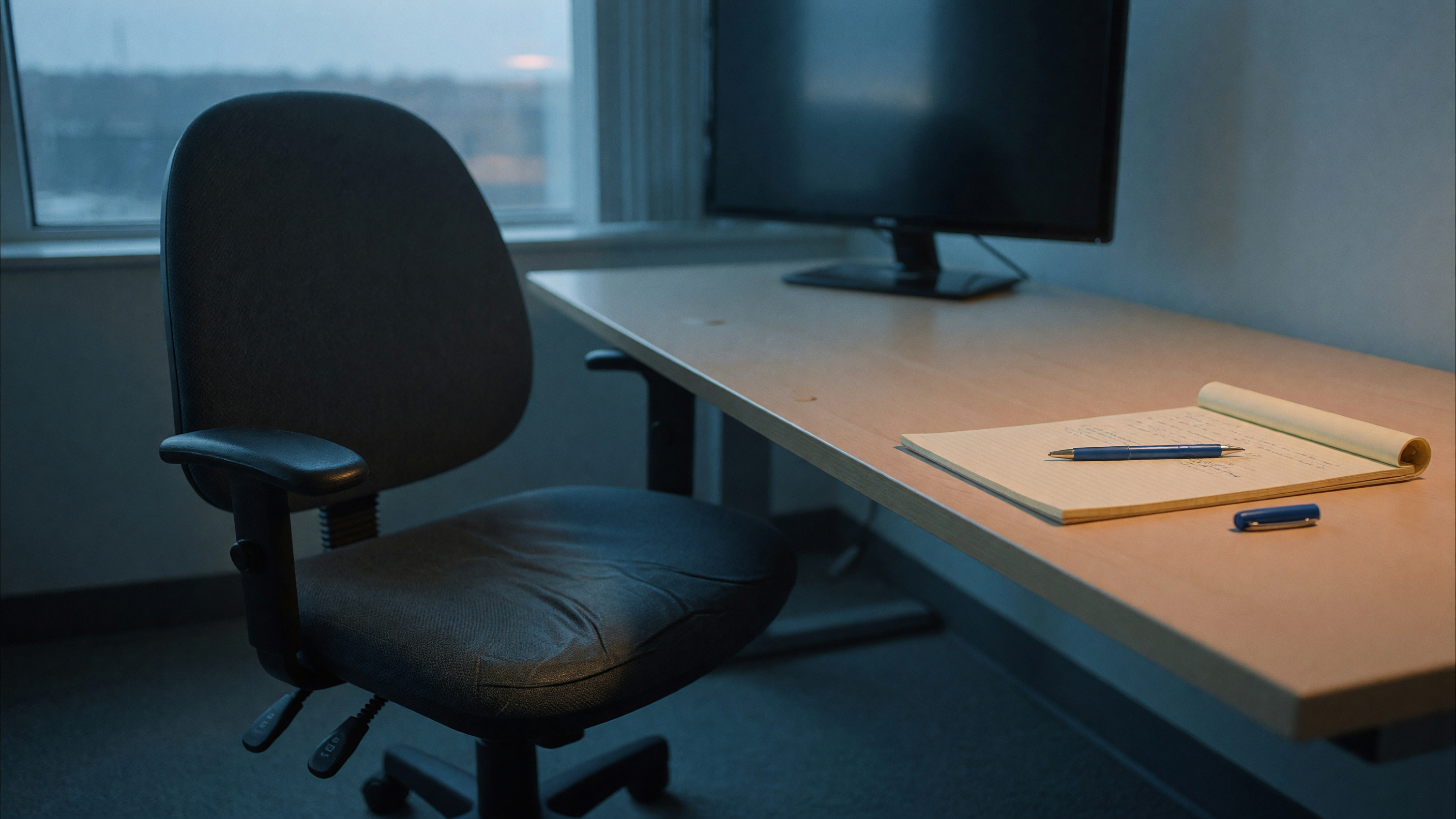 An empty office chair pushed back from a desk at blue hour — the moment members quietly step away. An empty office chair pushed back from a desk at blue hour — the moment members quietly step away.
