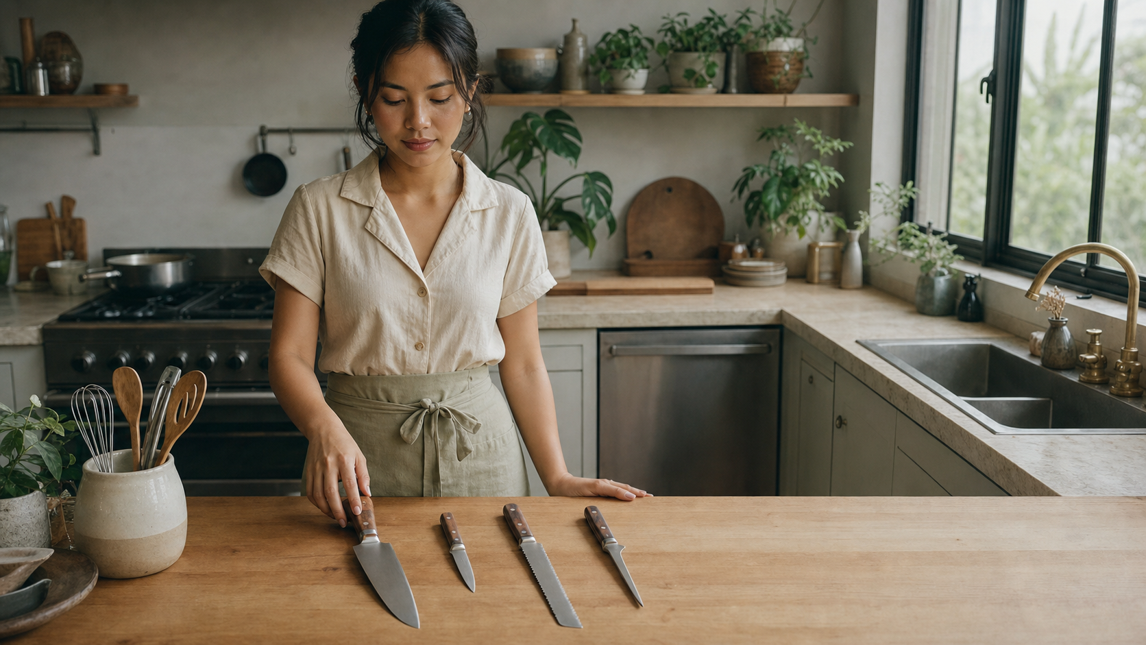 Kitchen mise en place: four distinct knives laid out on a counter — the right tool for each cut