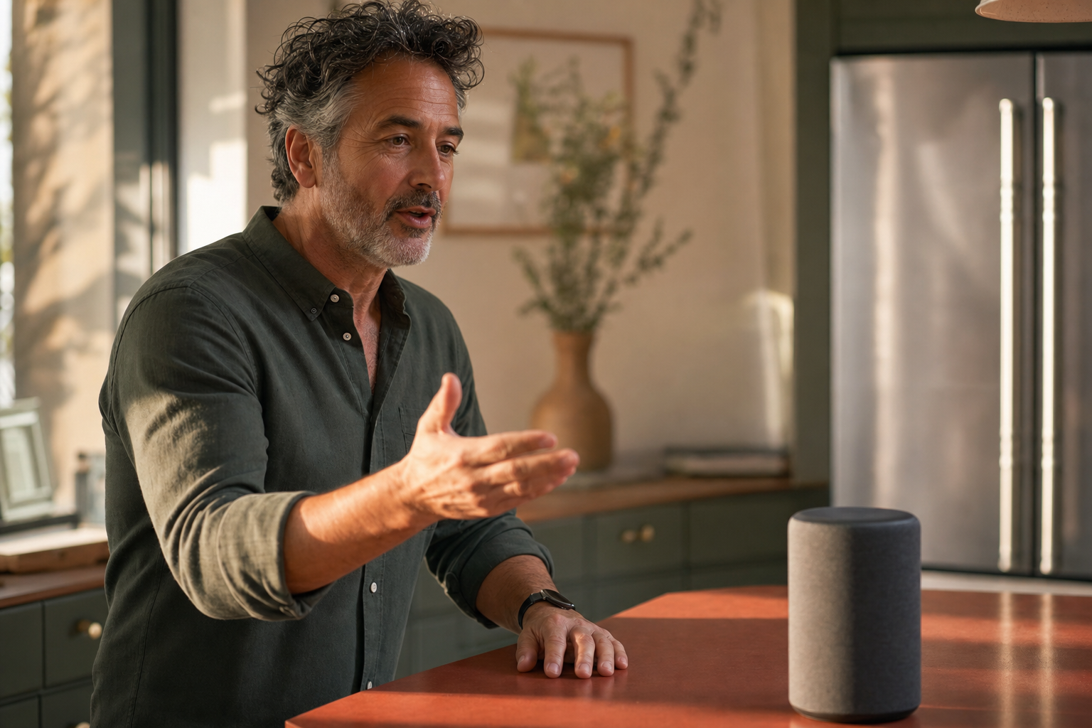 Middle-aged man speaking his intent aloud in a home kitchen office, gesturing toward an ambient device