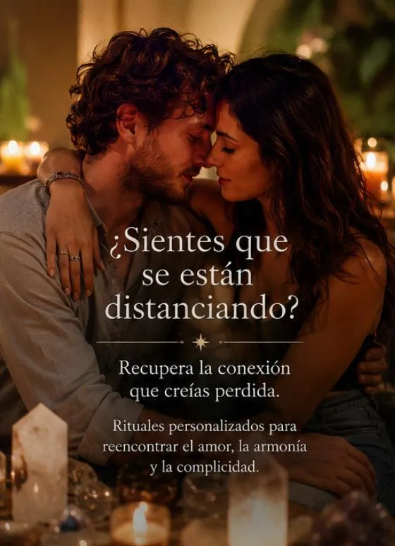 Pareja abrazada rodeada de cristales y velas, con el mensaje: recupera la conexión que creías perdida