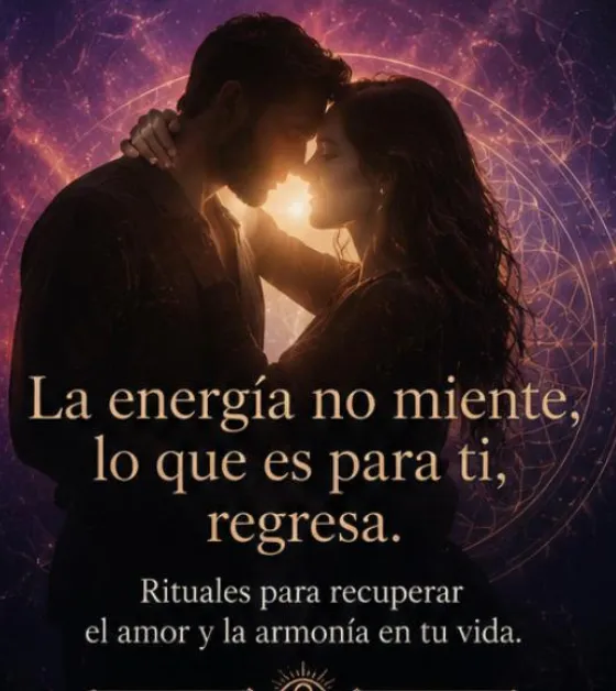 Silueta de una pareja abrazándose ante un fondo cósmico, con el mensaje: la energía no miente, lo que es para ti regresa