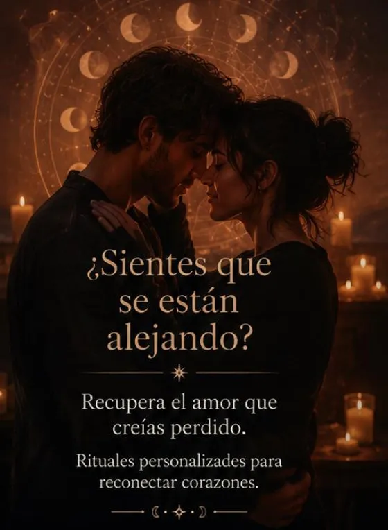 Pareja abrazada rodeada de velas, con el mensaje: ¿sientes que se están alejando? recupera el amor que creías perdido
