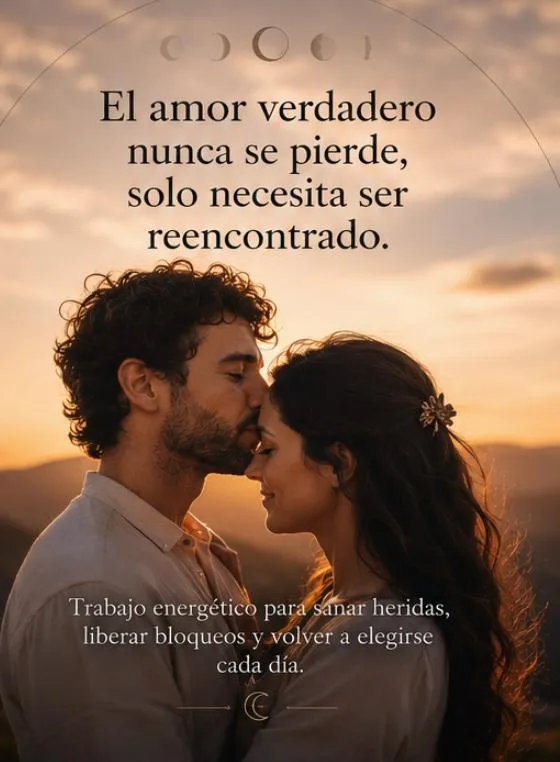 Pareja abrazada al atardecer, con el mensaje: el amor verdadero nunca se pierde, solo necesita ser reencontrado