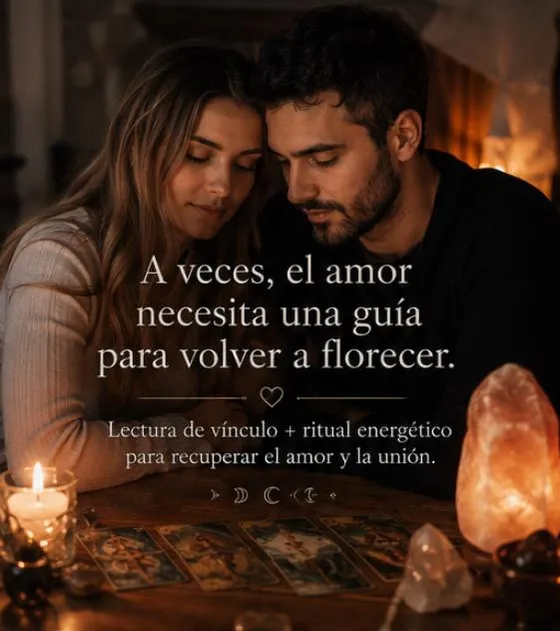 Pareja realizando una lectura de tarot junto a velas y cristales, con el mensaje: a veces el amor necesita una guía para volver a florecer
