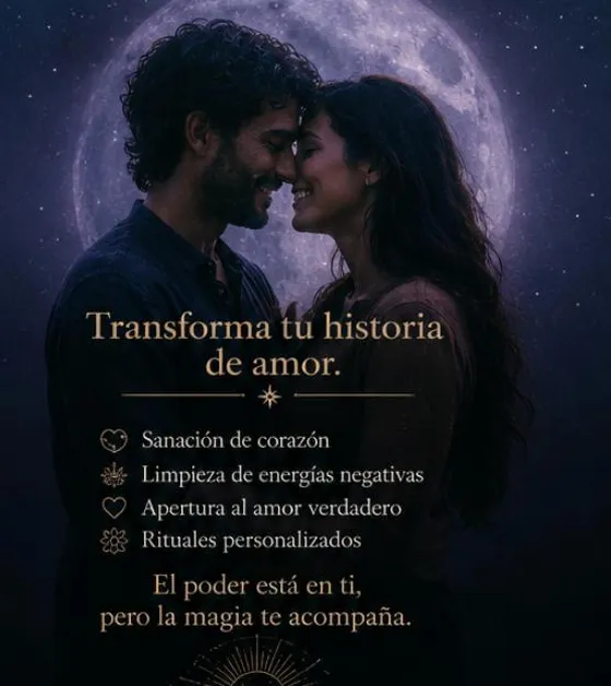 Pareja iluminada por la luna llena, con el mensaje: transforma tu historia de amor mediante rituales personalizados