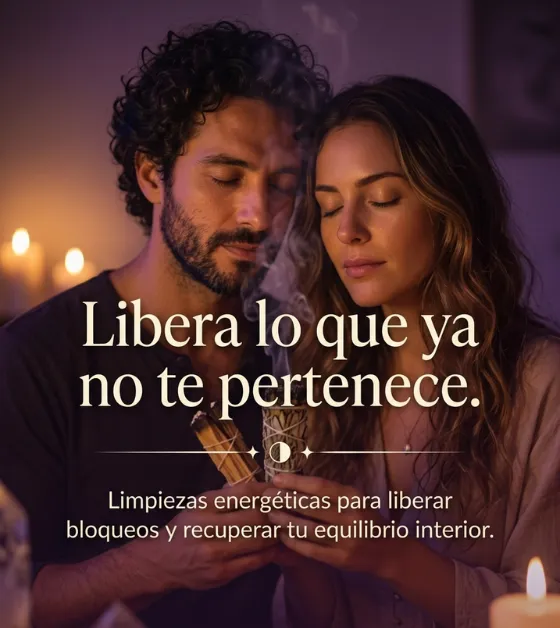 Pareja realizando una limpieza energética con sahumerio y velas, con el mensaje: libera lo que ya no te pertenece