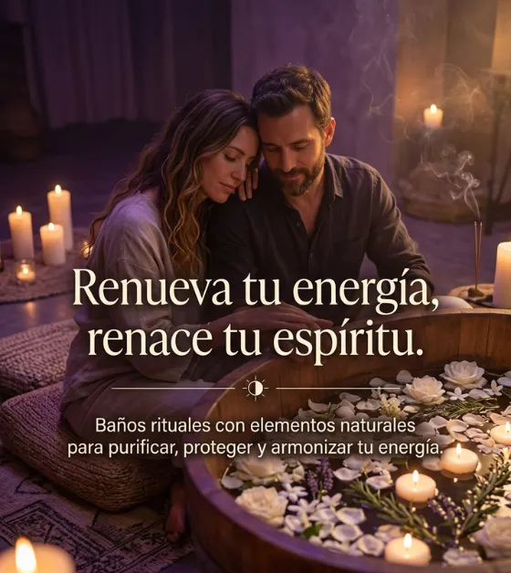 Pareja junto a un baño ritual con flores blancas y velas, con el mensaje: renueva tu energía, renace tu espíritu