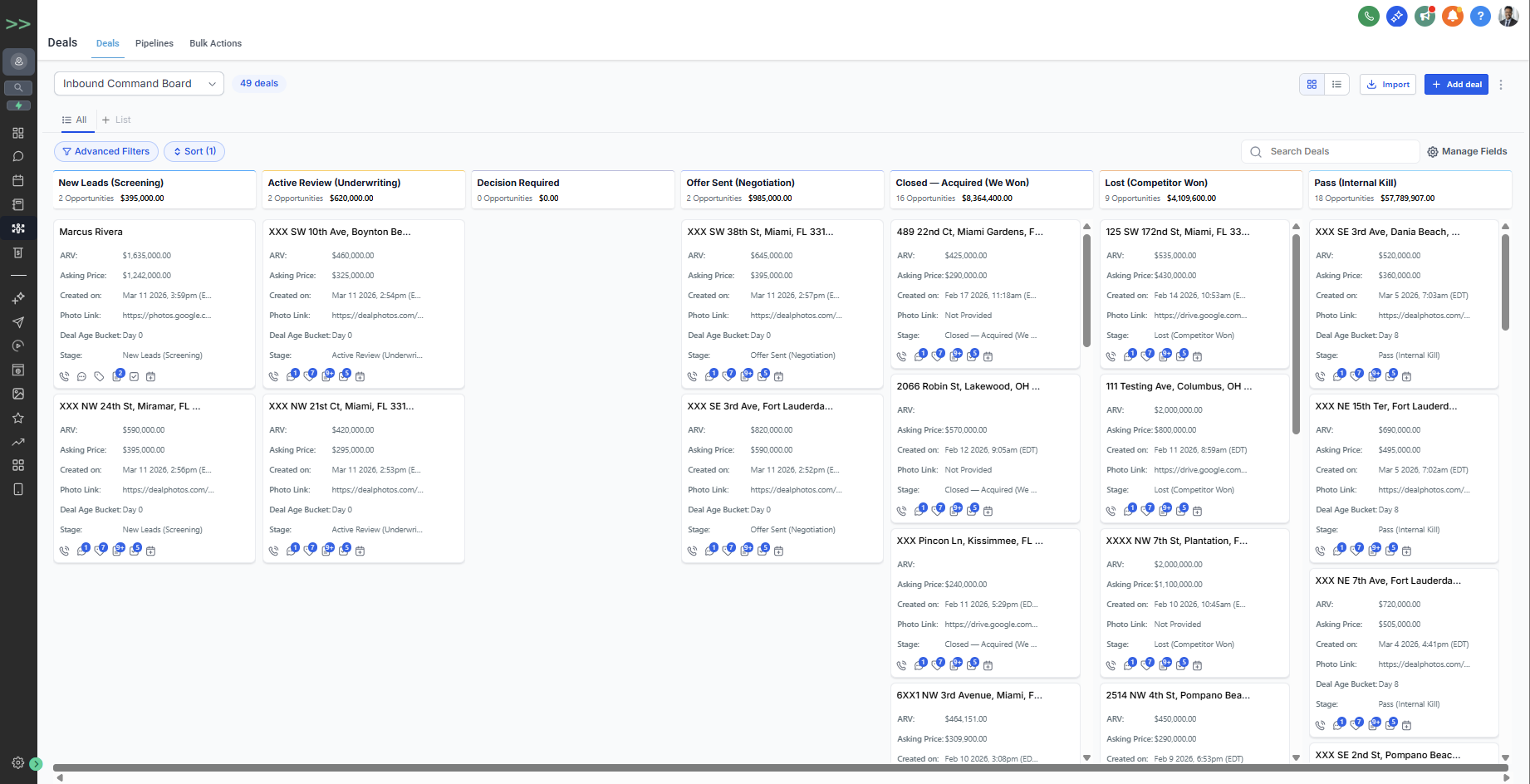 DealFlow Command — Command Board overview showing all inbound deals in one pipeline view