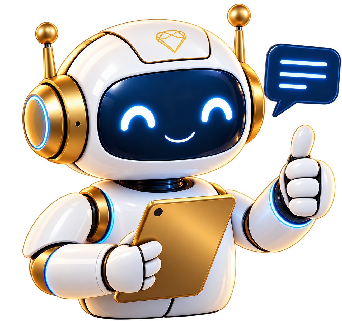 FMST Maskottchen: Roboter mit Tablet als Symbol für den FMST Sales Agent