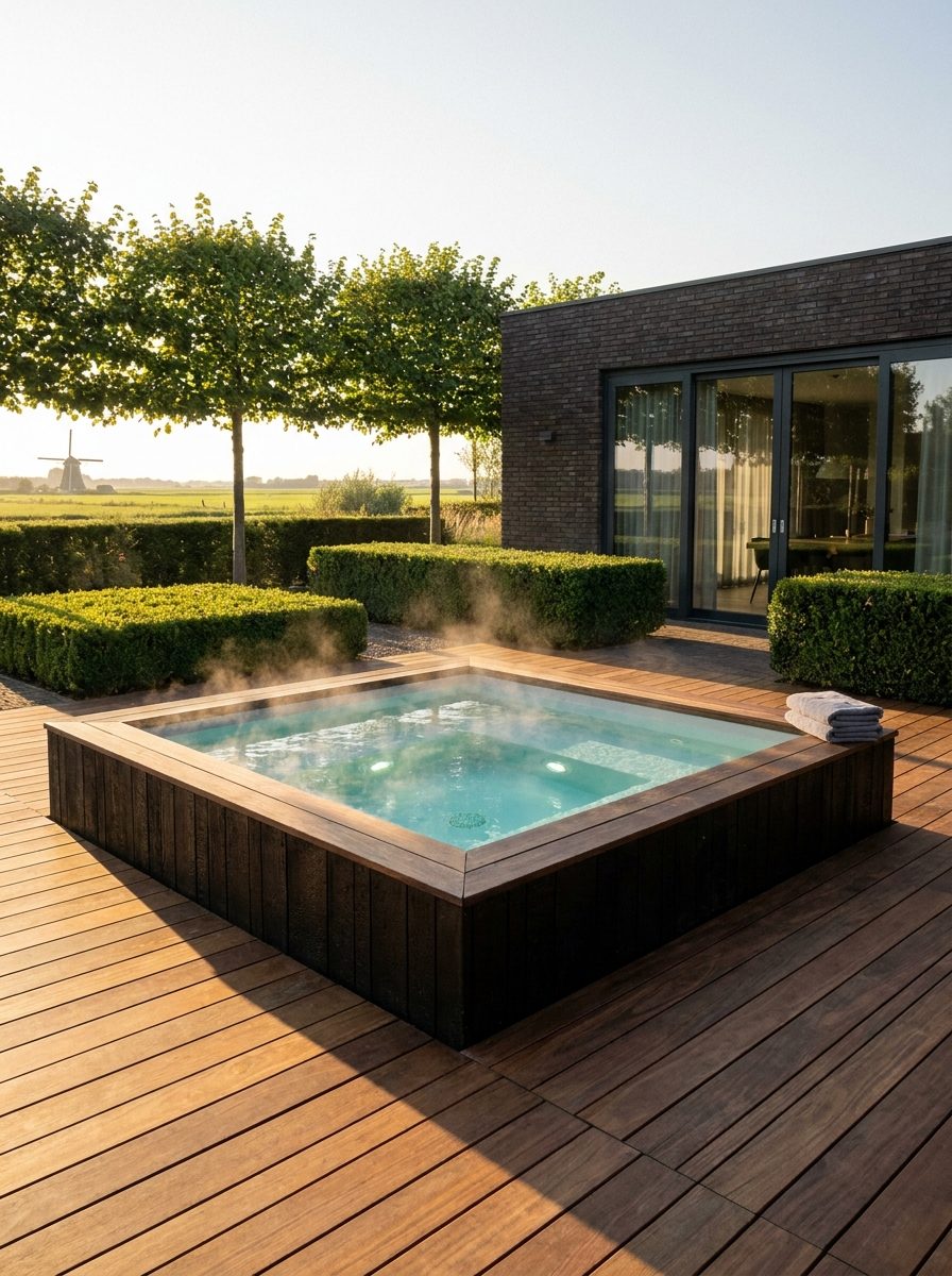 Inbouwspa in een houten terras bij een Nederlandse villa, in de avondzon