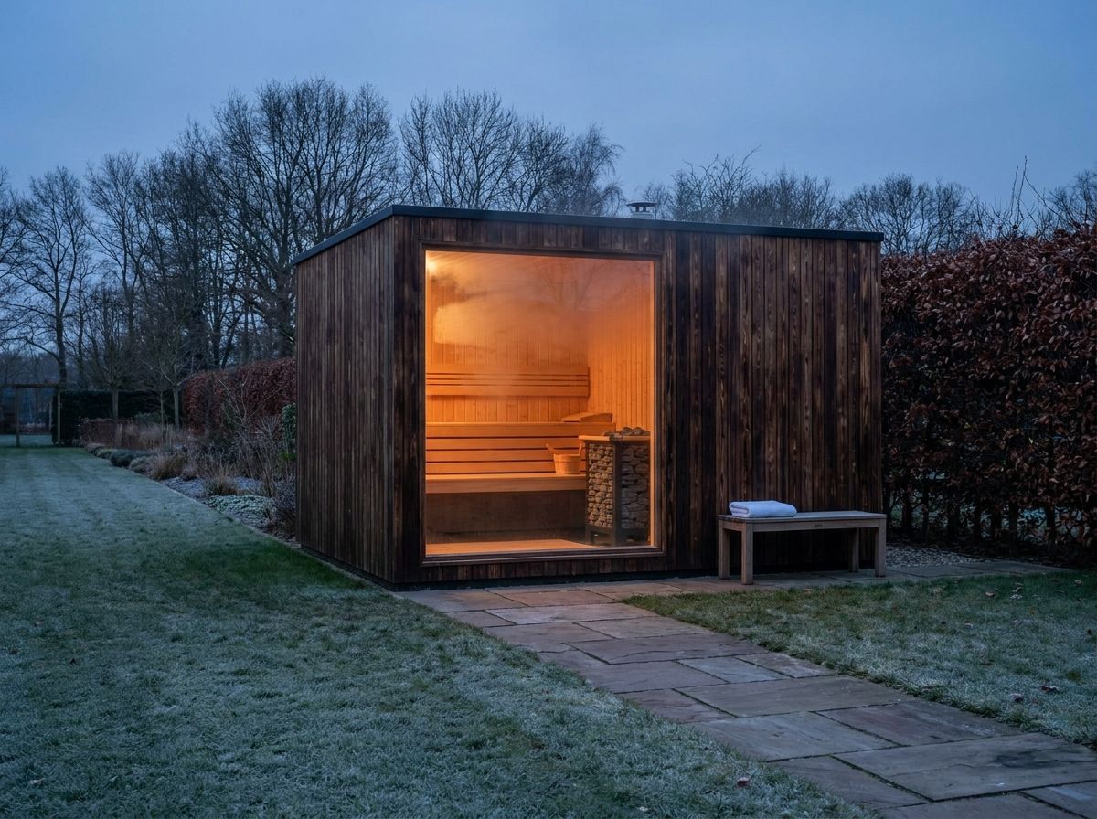 Tuinsauna met glazen front in de schemering