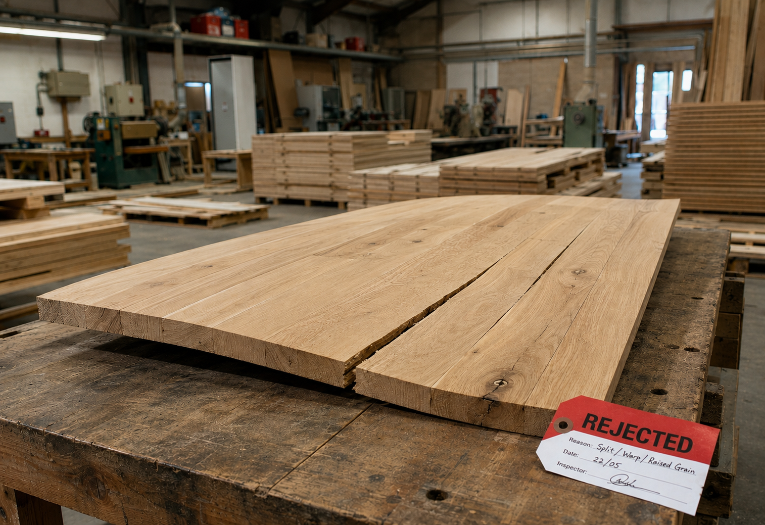 A warped, split timber panel tagged rejected on a workshop bench while a frustrated tradesperson takes a call