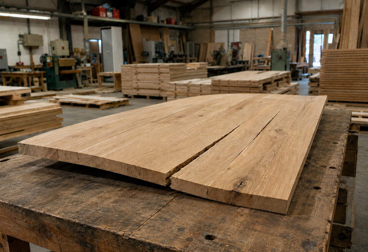 Warped and split oak boards tagged REJECTED for split, warp and raised grain on a workshop bench