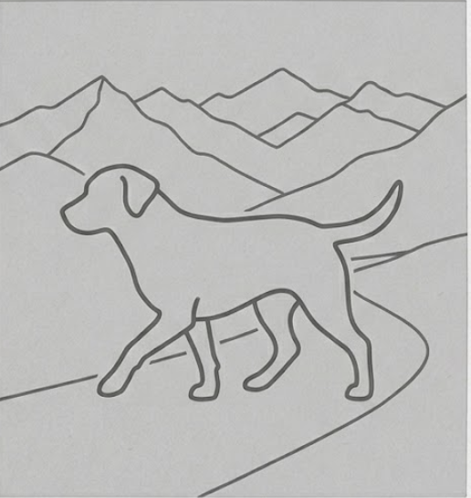 Line drawing of a dog walking a mountain trail