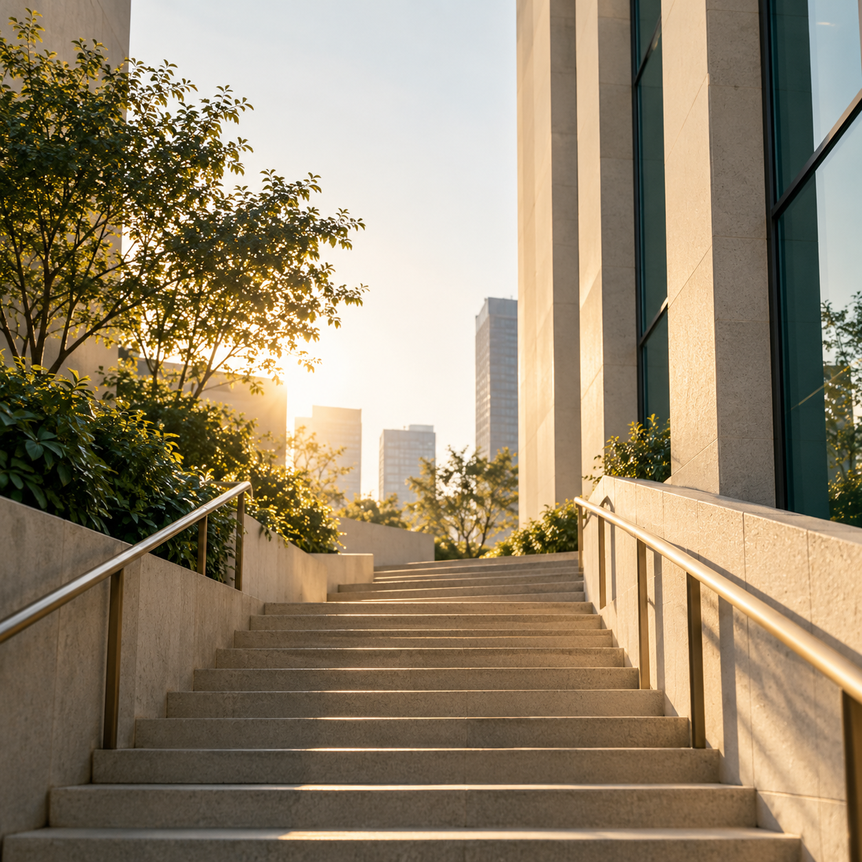 Sunlit urban steps ascending between trees and buildings