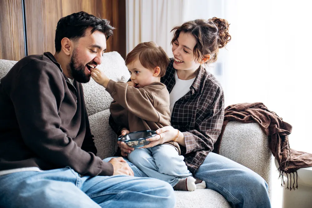 Family in warm home setting
