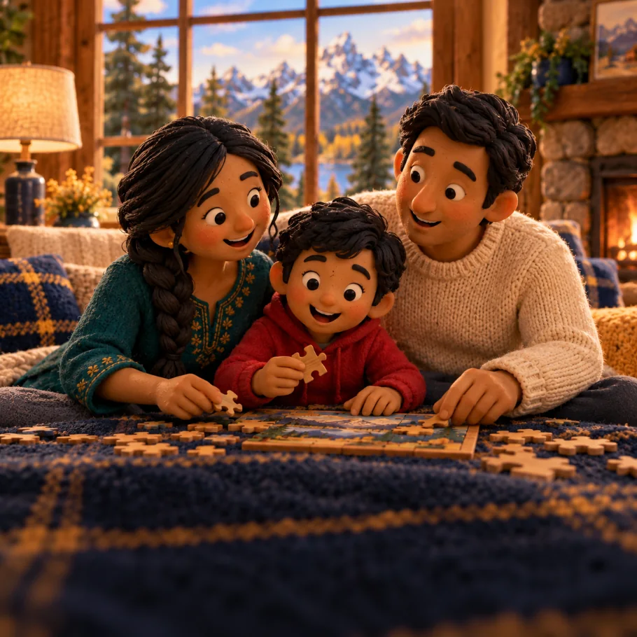 Clay family of three doing a puzzle by the fire