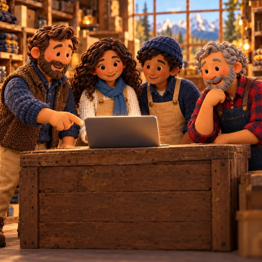 Clay shop owner and his team gathered around a laptop