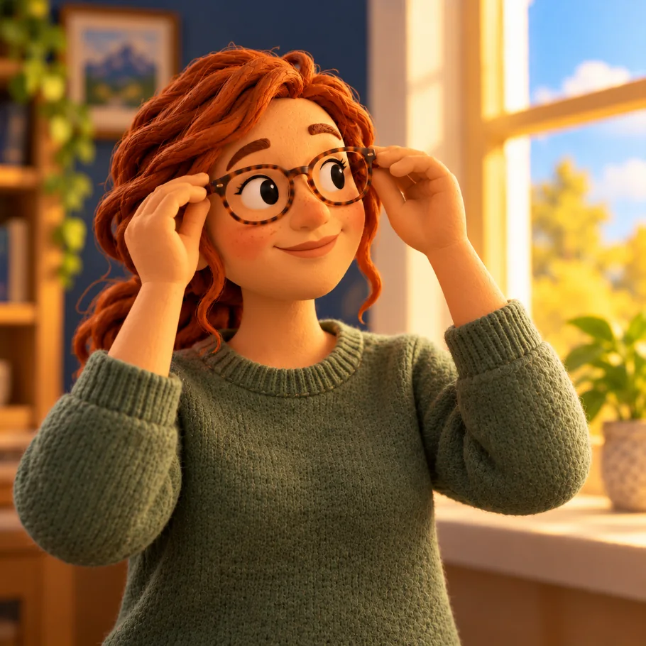 Clay figure putting on glasses by a window