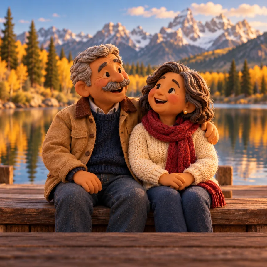 Clay couple sitting together on a lake dock bench