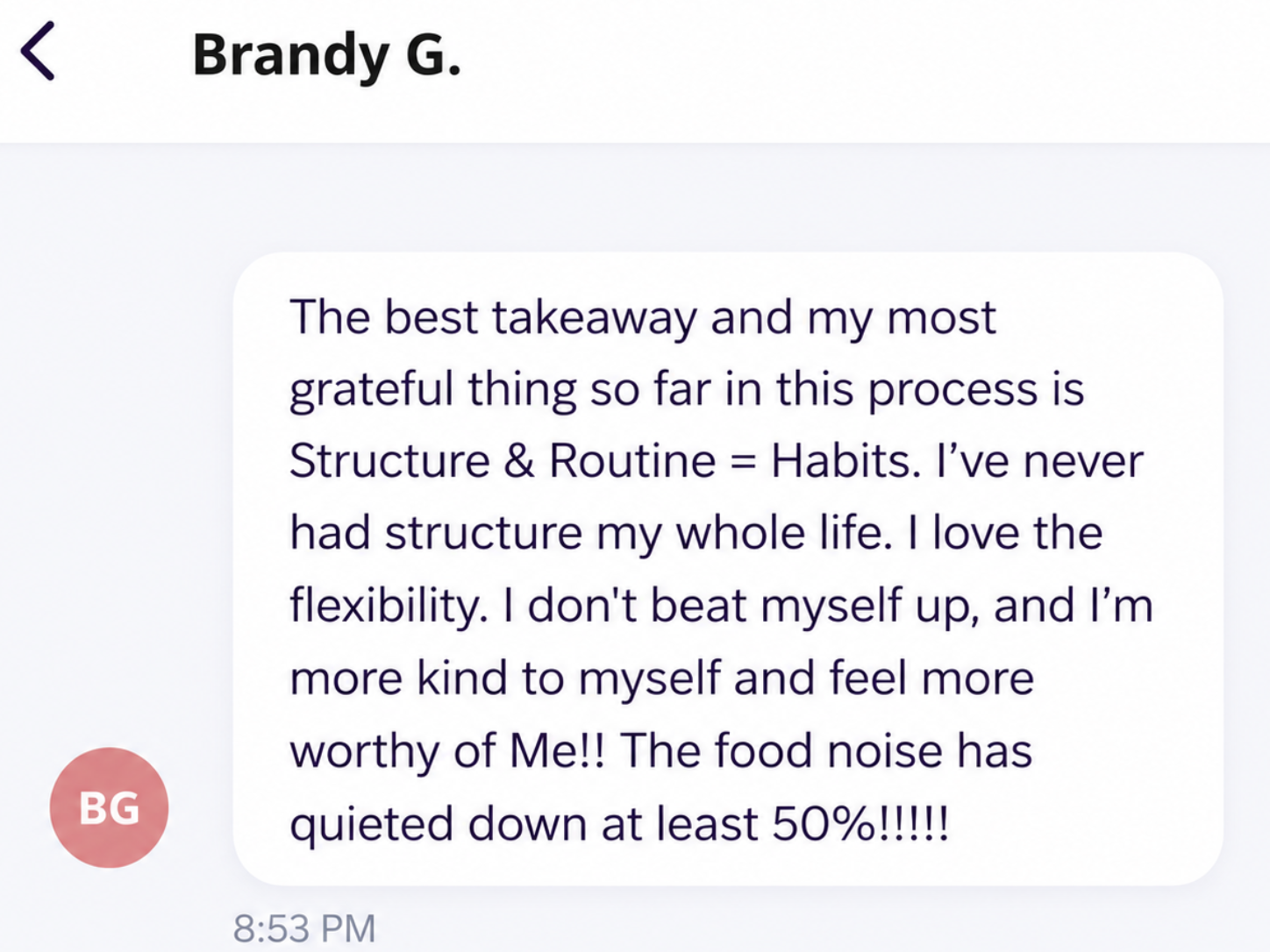 Brandy sharing that her food noise had quieted down at least 50 percent