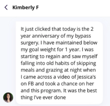 Real client message from Kimberly about maintaining below her goal weight after starting to regain