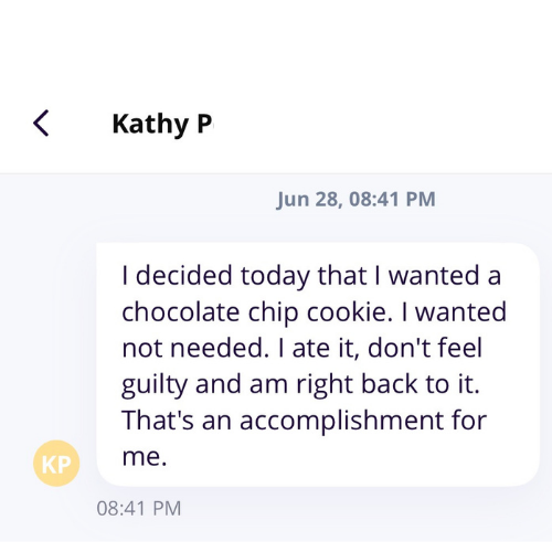 Kathy sharing that she intentionally ate a cookie without guilt and moved on